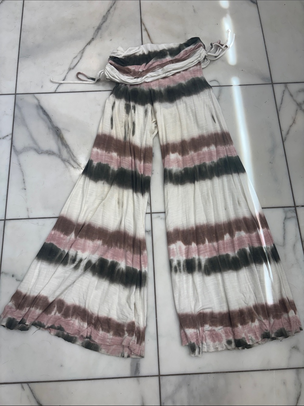 BKE White Wide-Leg Tie-Dye Pants with Pink & Green Stripes